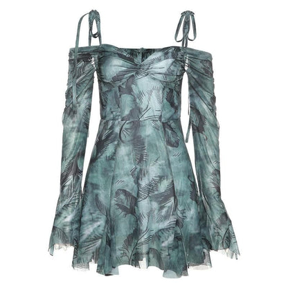 Long sleeve tie dye off shoulder ruched sweetheart neck self tie backless mini dress