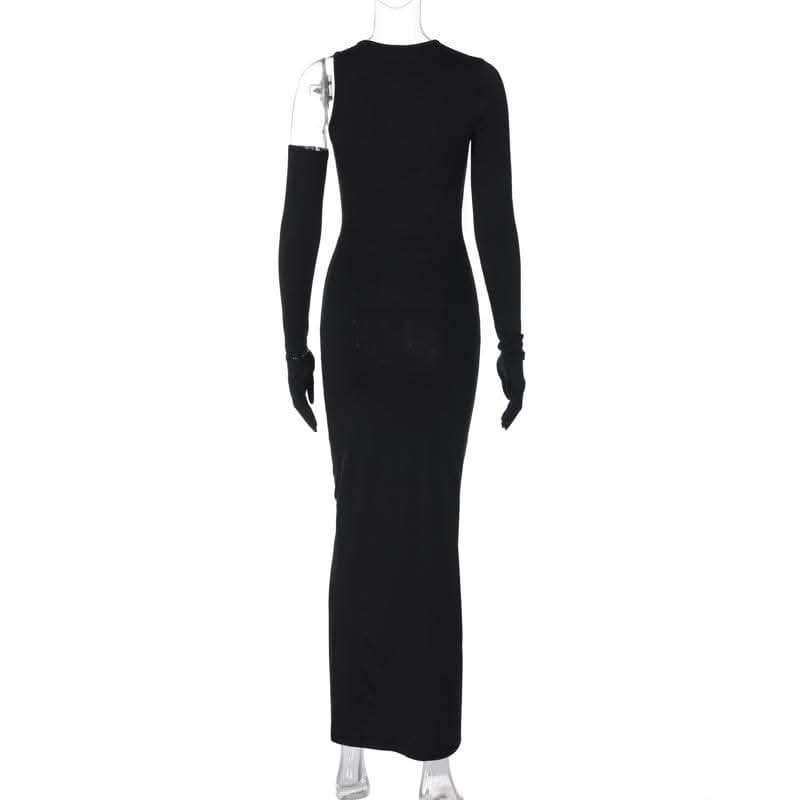 Long sleeve gloves irregular hollow out crewneck cut out maxi dress-final-sale