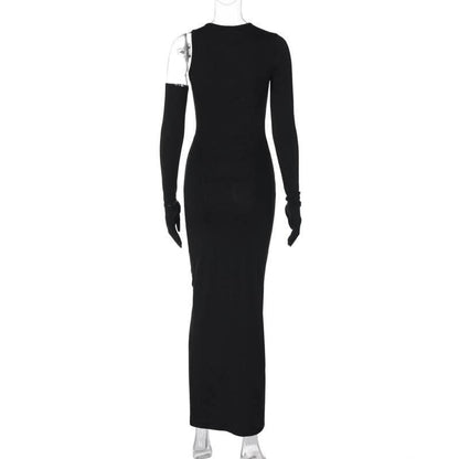 Long sleeve gloves irregular hollow out crewneck cut out maxi dress-final-sale