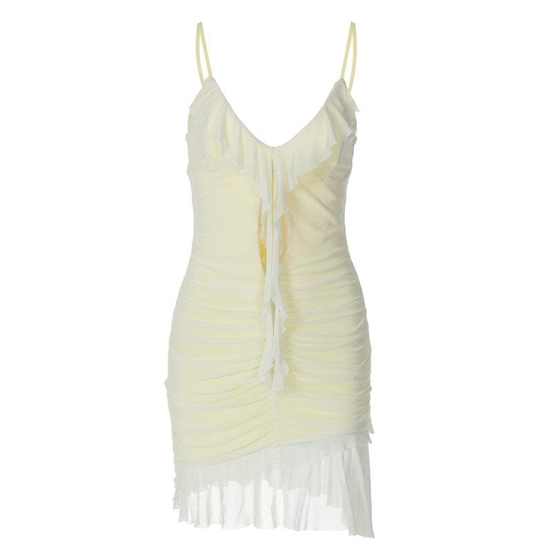 V neck ruffle hollow out ruched mesh cami cut out mini dress