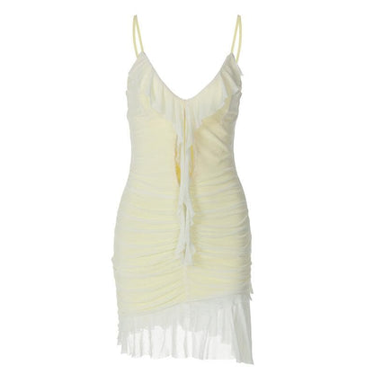 V neck ruffle hollow out ruched mesh cami cut out mini dress