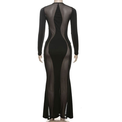 Long sleeve crewneck mesh patchwork maxi dress