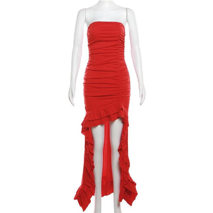 Ruched ruffle solid backless tube maxi dress