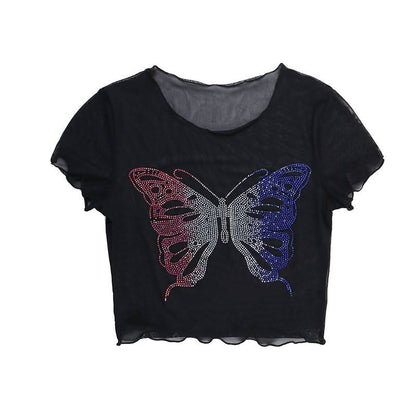 Round neck short sleeve butterfly pattern beaded crop top