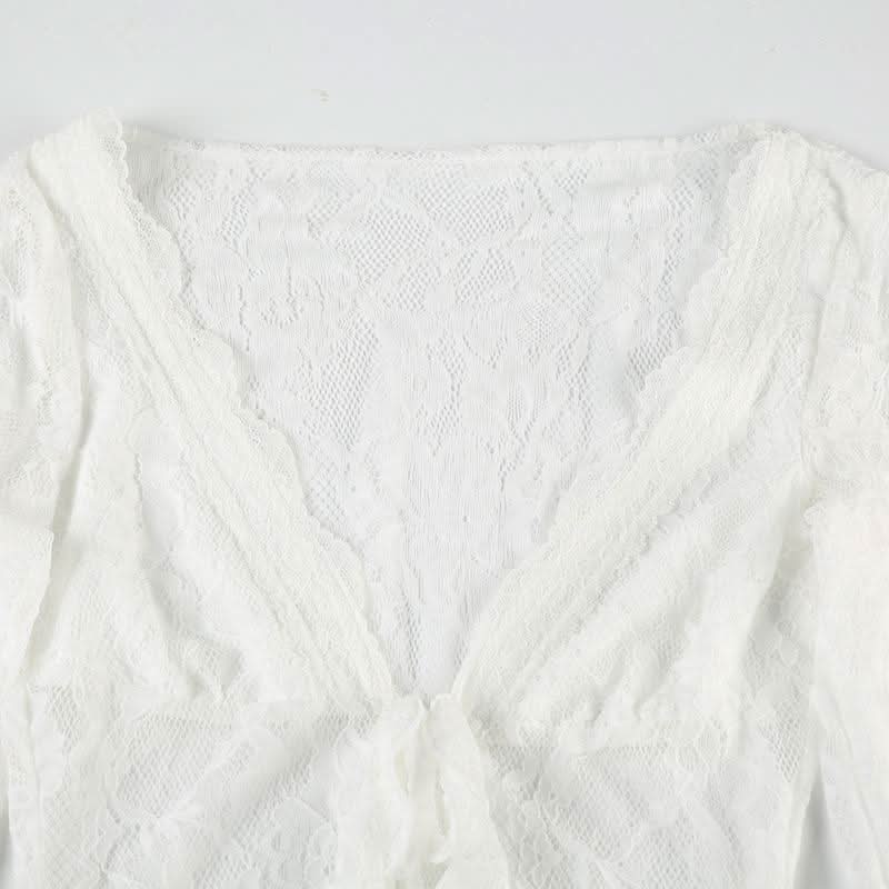 Long sleeve lace ruffle irregular self tie top