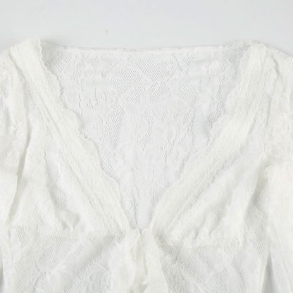 Long sleeve lace ruffle irregular self tie top