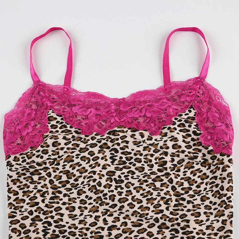 Leopard print lace hem slit cami top