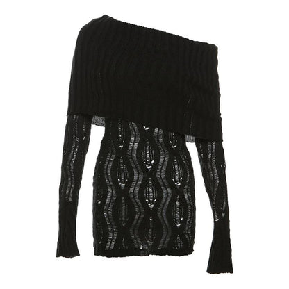 Crochet off shoulder long sleeve hollow out cut out mini dress