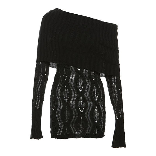 Crochet off shoulder long sleeve hollow out cut out mini dress