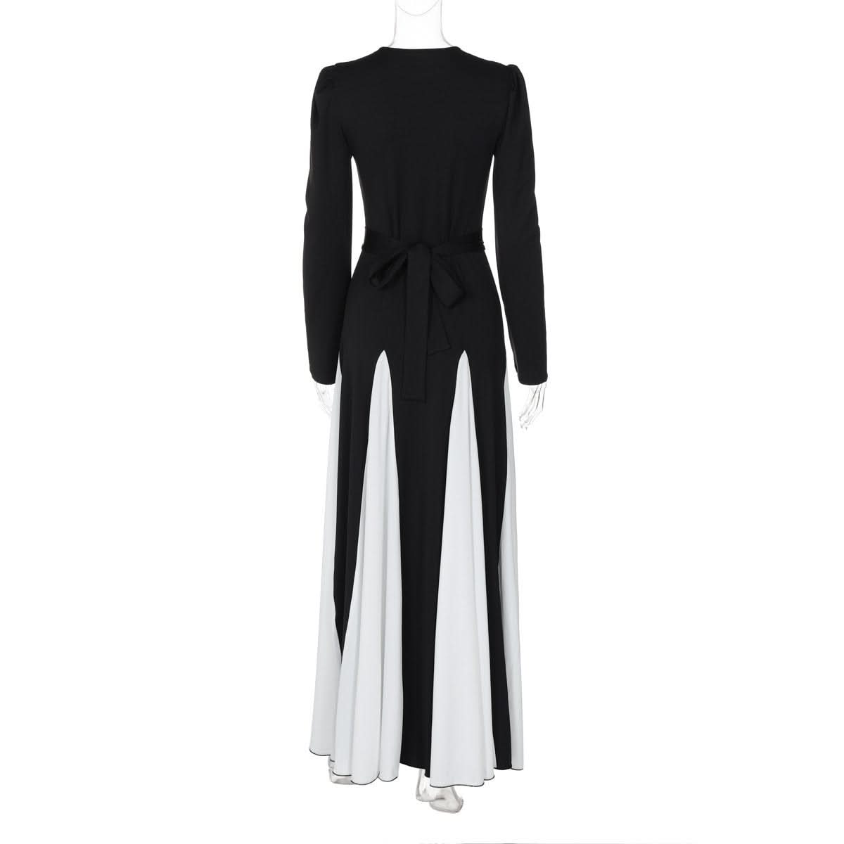 Long sleeve contrast self tie maxi dress