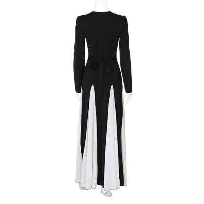 Long sleeve contrast self tie maxi dress