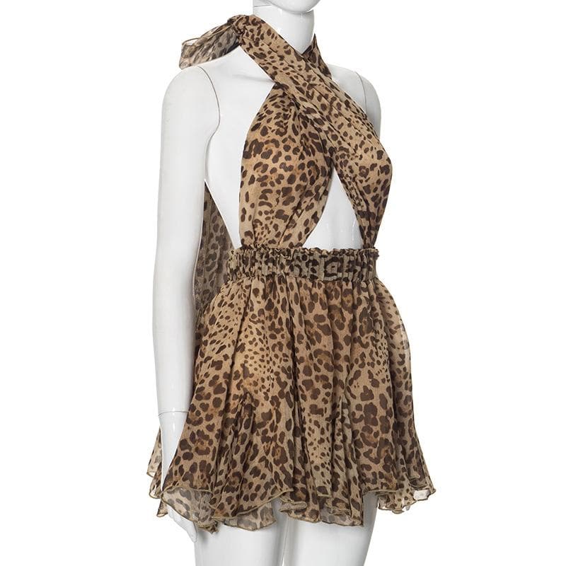Halter cross front leopard print ruffle mini dress