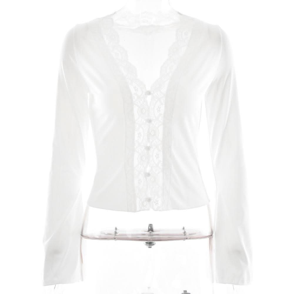 Long sleeve deep V neck lace hem hollow out cut out top