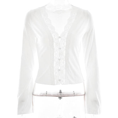 Long sleeve deep V neck lace hem hollow out cut out top