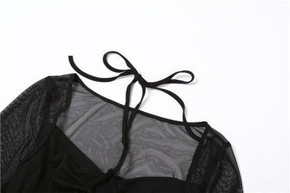 Mesh hollow out slit drawstring long sleeve halter self tie crop cut out top
