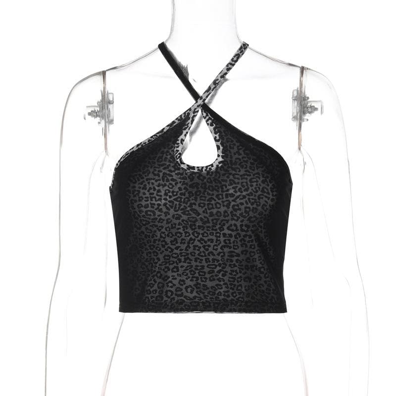 Leopard print cross front hollow out cami cut out top