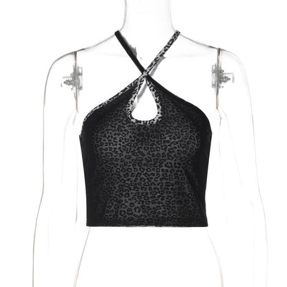 Leopard print cross front hollow out cami cut out top