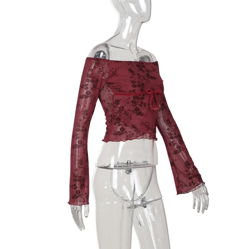 Flared sleeve off shoulder flower pattern top