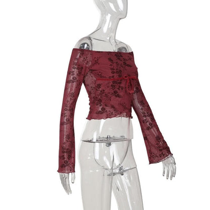 Flared sleeve off shoulder flower pattern top