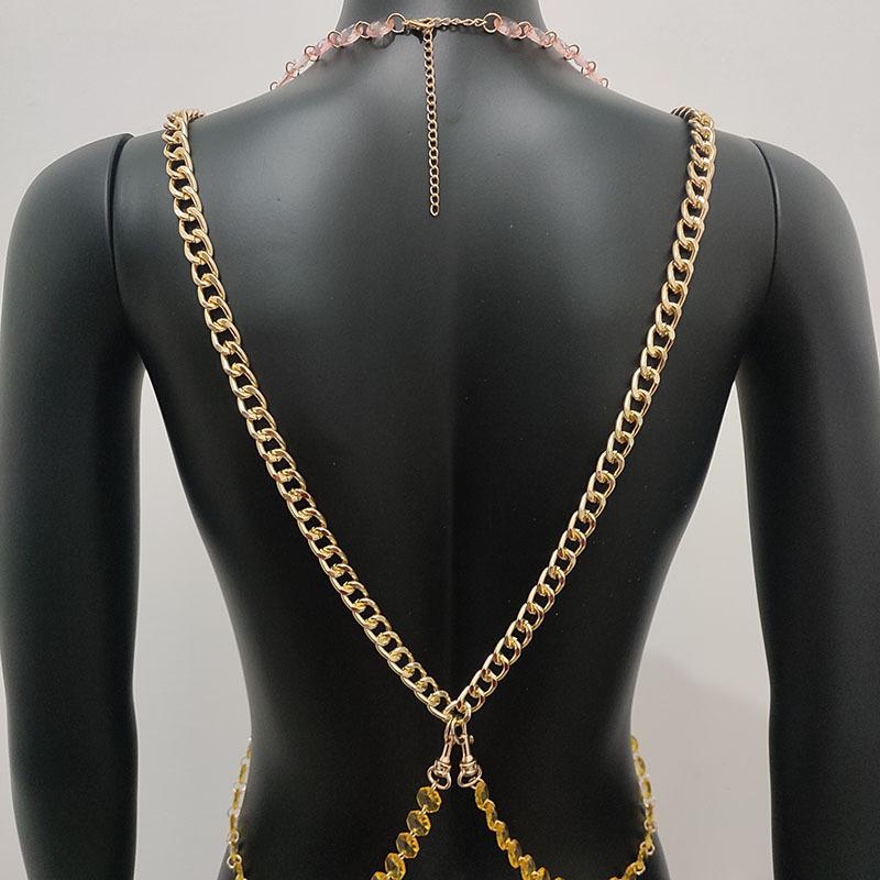 Metal chain beaded faux pearl cross backless bralette top