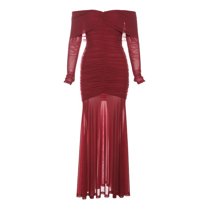 Long sleeve off shoulder ruched mesh maxi dress