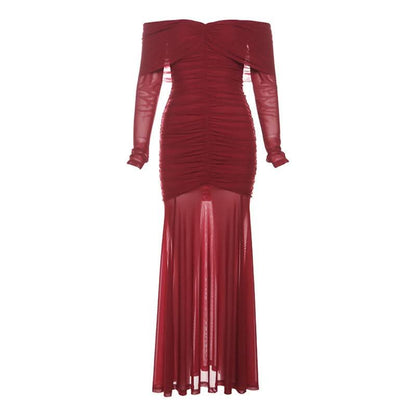 Long sleeve off shoulder ruched mesh maxi dress