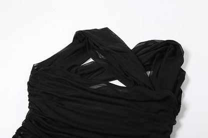 Off shoulder ruched cross front sheer mesh maxi dress-final-sale