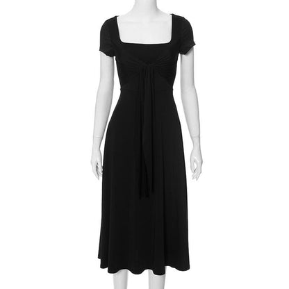 Short sleeve solid square neck midi dress