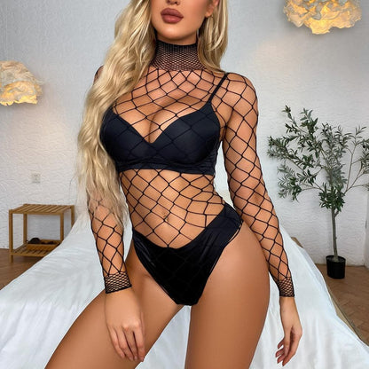 Long sleeve high neck fishnet diamond pattern bodysuit