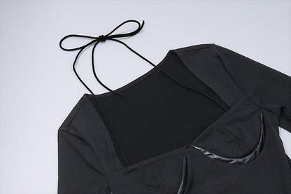 Halter PU leather long sleeve solid square neck bodysuit