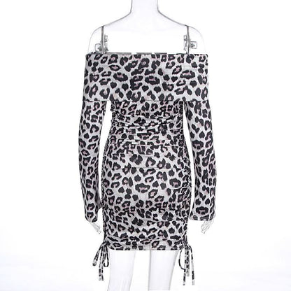Long sleeve leopard print off shoulder ruched mini dress