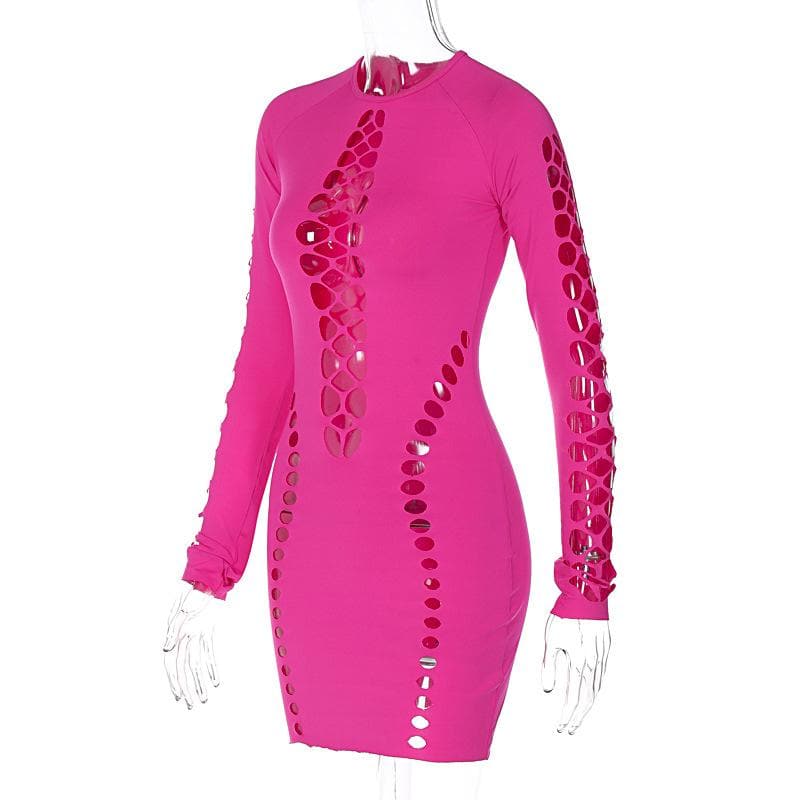 Crew Neck Long Sleeve Hollow-Out Cutout Bodycon Mini Dress