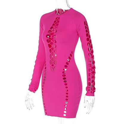 Crew Neck Long Sleeve Hollow-Out Cutout Bodycon Mini Dress