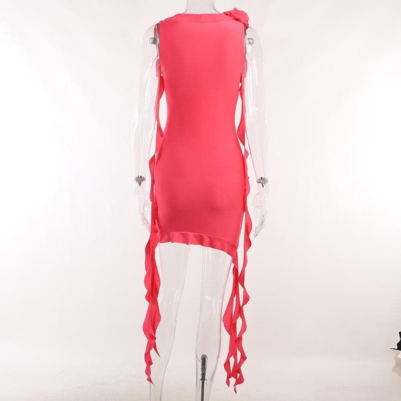 V Neck Floral Applique Ruffle Ribbon Asymmetric Hem Mini Dress
