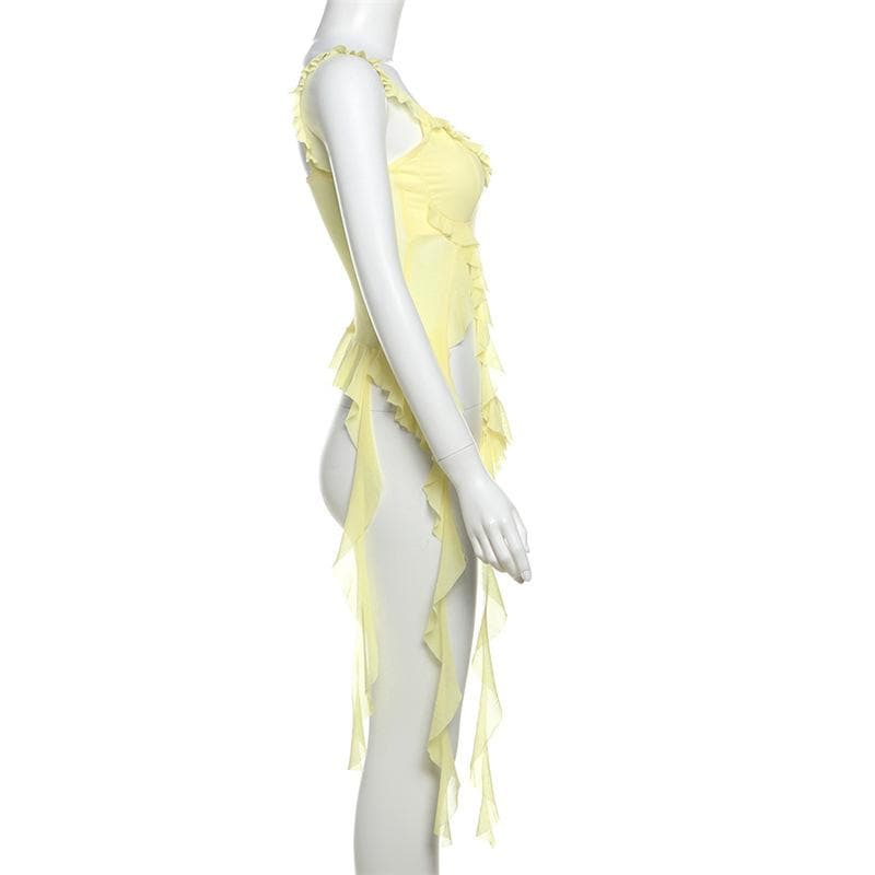 U neck ruffle slit sheer mesh solid cami top