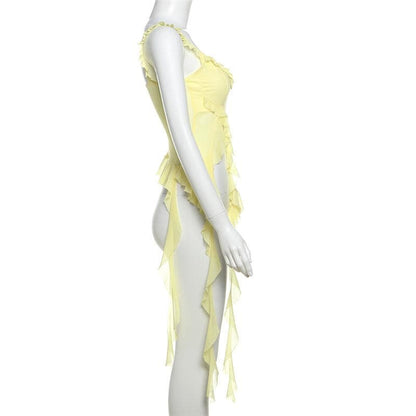 U neck ruffle slit sheer mesh solid cami top