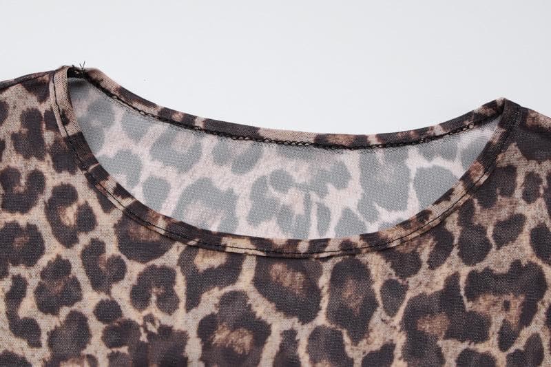 Long sleeve leopard print crewneck sheer mesh maxi dress