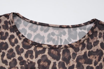 Long sleeve leopard print crewneck sheer mesh maxi dress