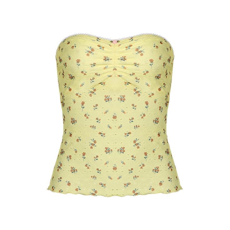 Ruched ruffle print flower applique tube top