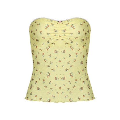 Ruched ruffle print flower applique tube top