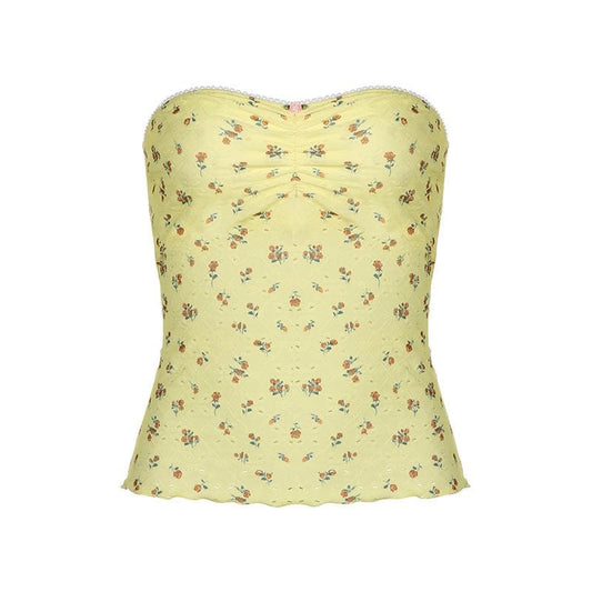Ruched ruffle print flower applique tube top