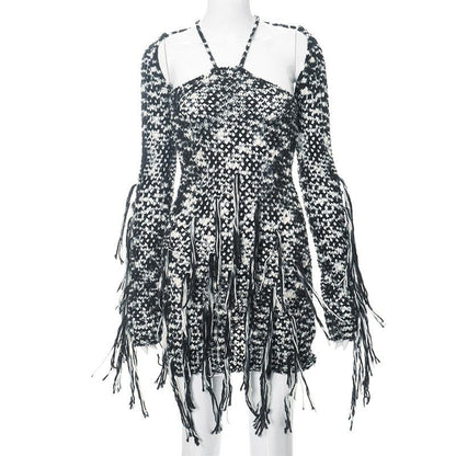 Long sleeve knitted tassels cross back contrast mini dress