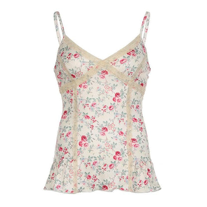Print v neck lace hem ruffle knotted cami top