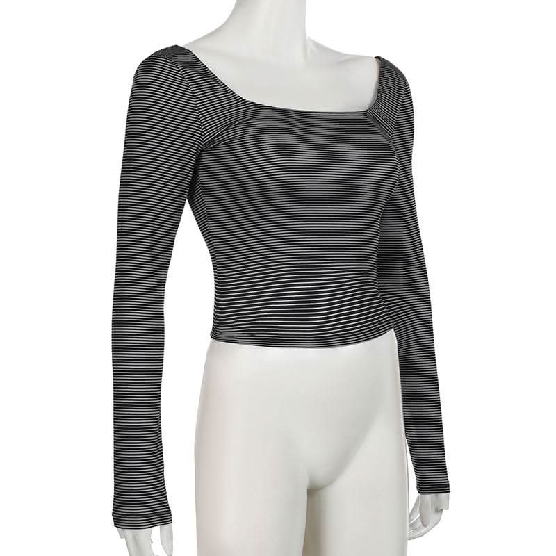 Long sleeve u neck striped backless top
