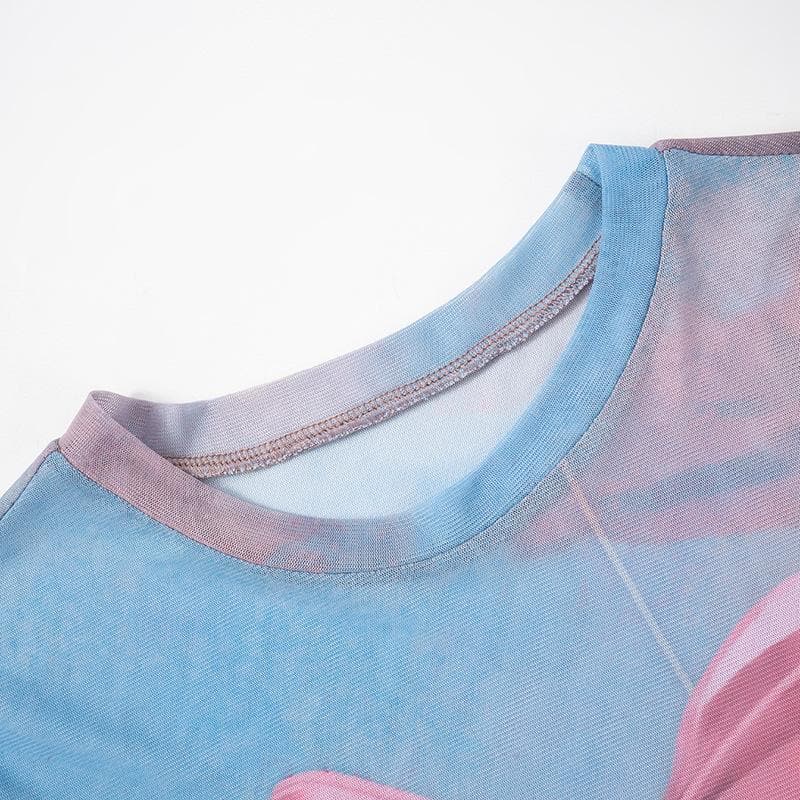 Crew neck short sleeve mesh rabbit print top