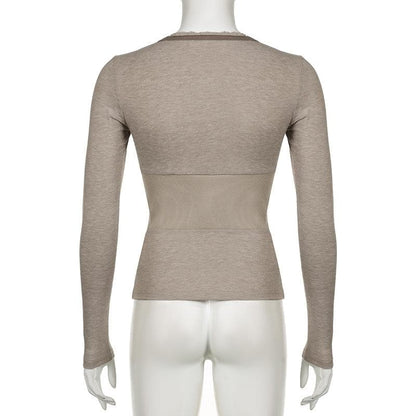 Ribbed button v neck lace hem long sleeve top