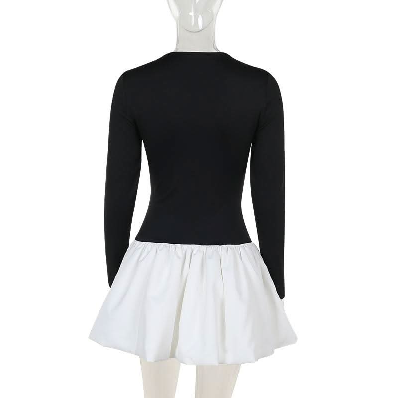 Long sleeve crewneck patchwork mini dress