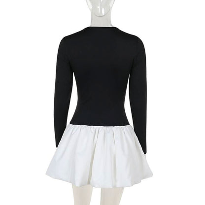 Long sleeve crewneck patchwork mini dress