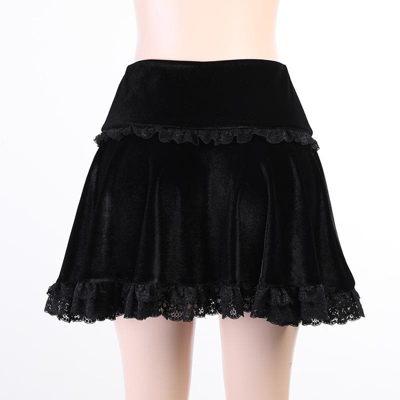 Solid A line lace hem spider web pattern mini skirt