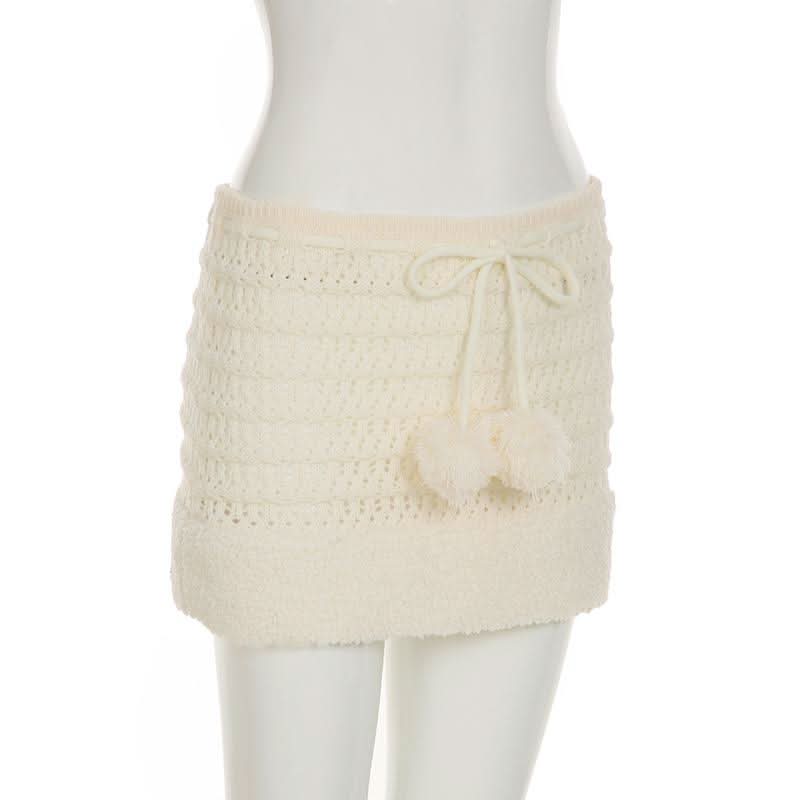 Hollow out drawstring fluffy self tie solid cut out mini skirt